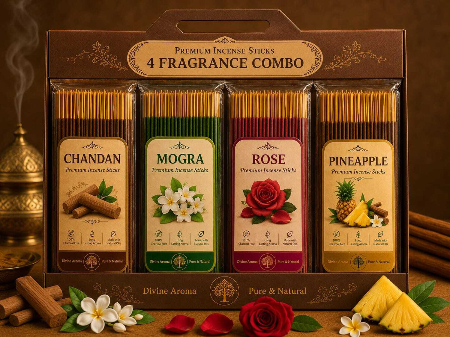 Image of GODSUN Chandan,Mogra,Rose,Pineapple (5x100) 500gm. 4 Different fragrances Incense Stick 4 Different fragrances