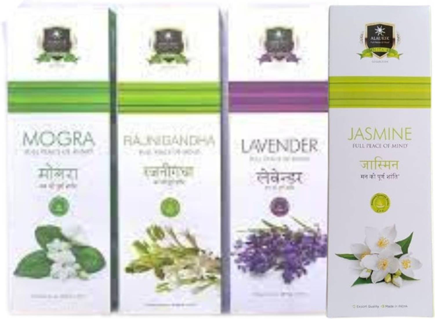 ALAUKIK Solitare Incense Combo fragrances, perfect for creating a serene Mogra, Lavender, Rajnigandha, Jasmine 90gm Each