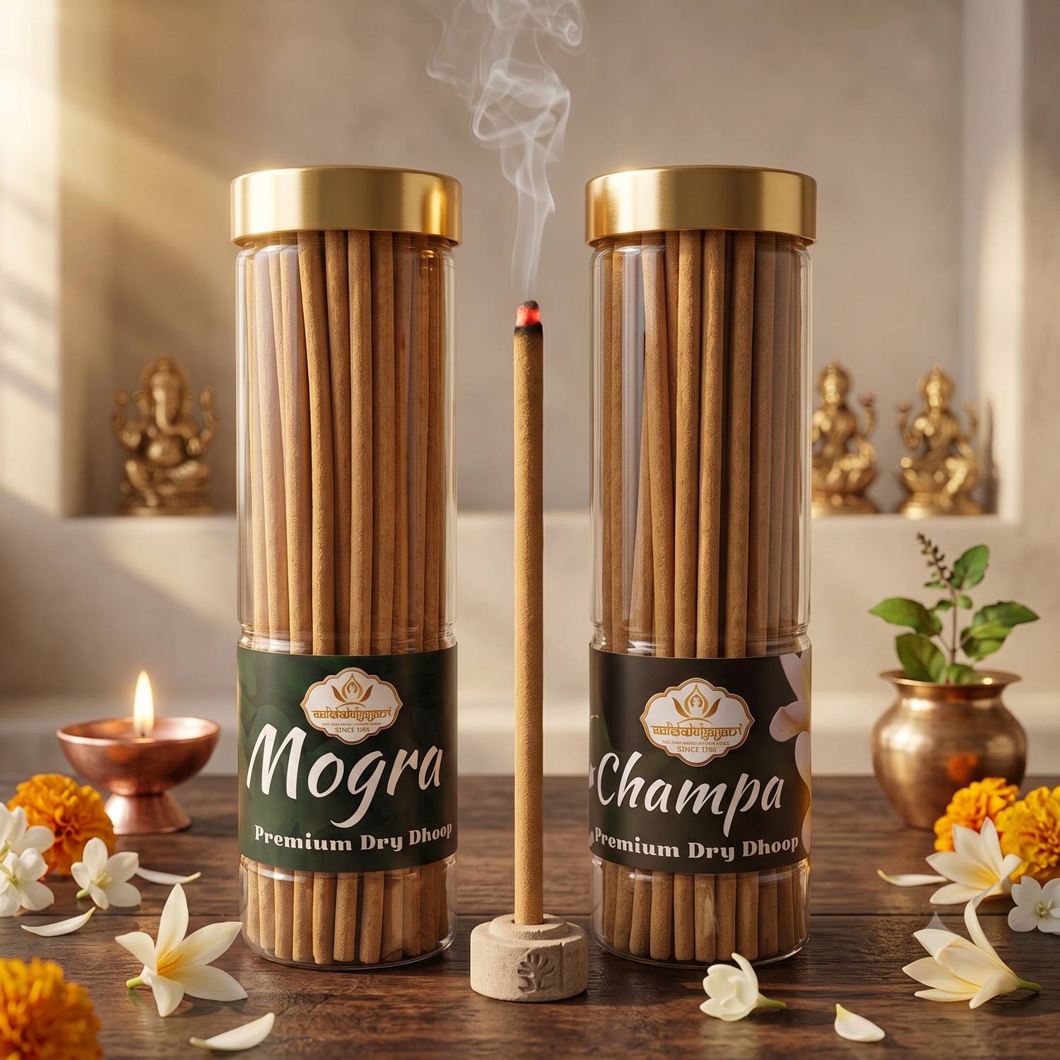 Aadishaktigayatri Combo Pack of Mogra and Champa (2 jar of 250 gm each) Bamboo less dhoop Mogra (Jasmine), Champa, Chandan (Sandalwood) and Sambrani