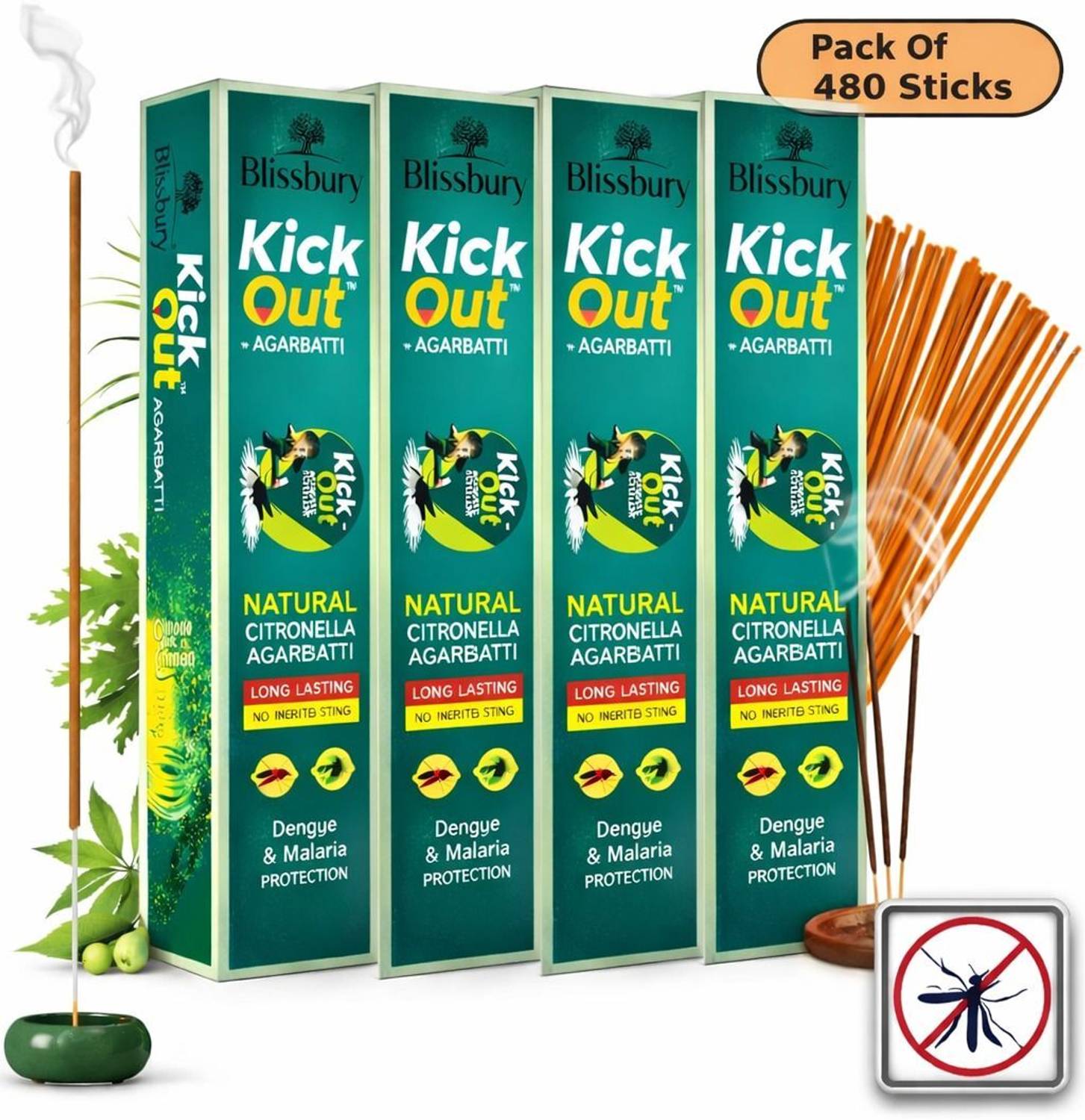 Blissbury Kick Out Agarbatti Mosquito Killer Incense Sticks containing 480 Sticks Natural Citronella