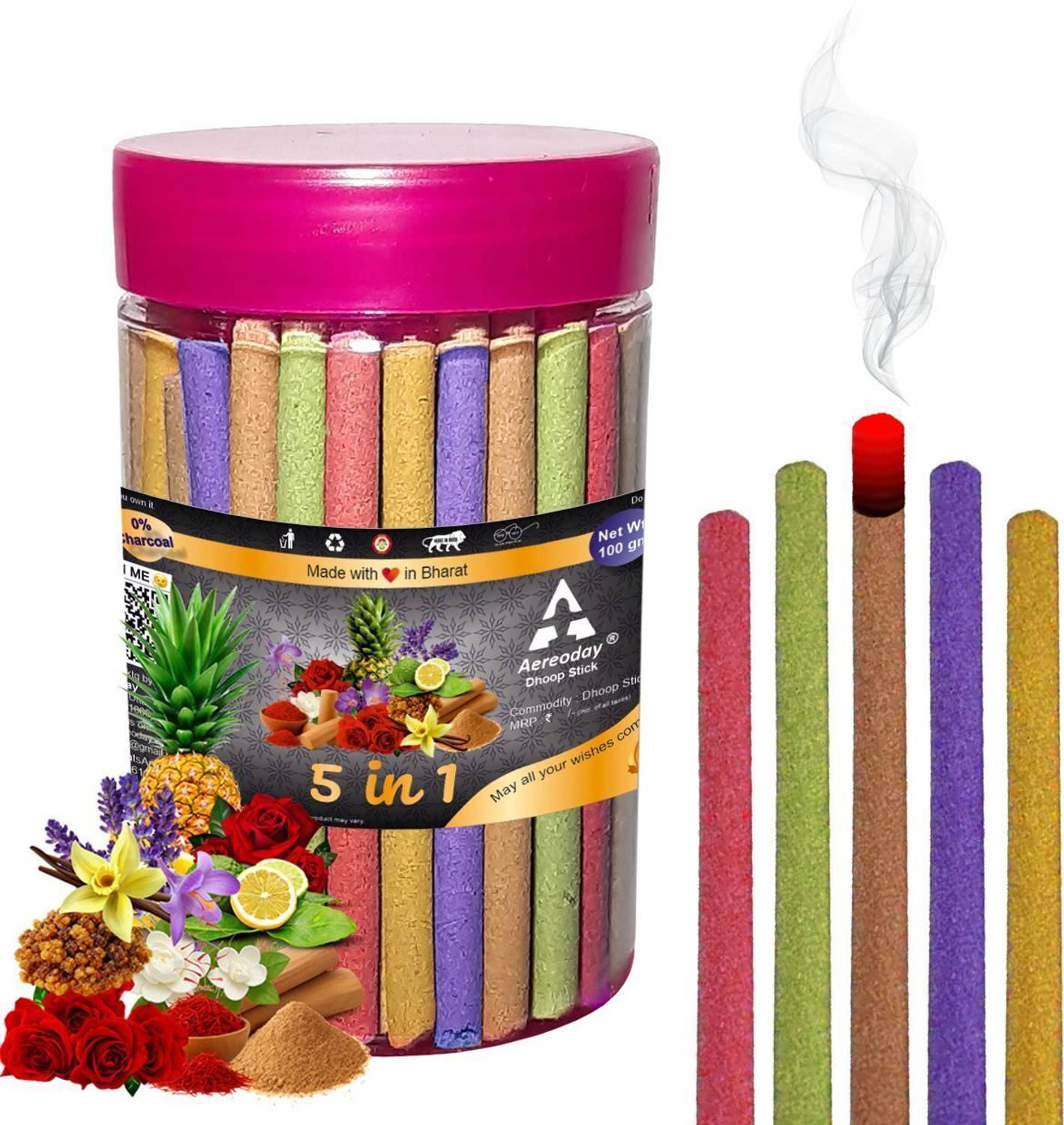Aereoday 5 in 1 (Multiple Fragrances) Dhoop Incense Stick Pack of 100 gram Fragrances Rose, Mogra, Panchvati, Lavender, Pineapple