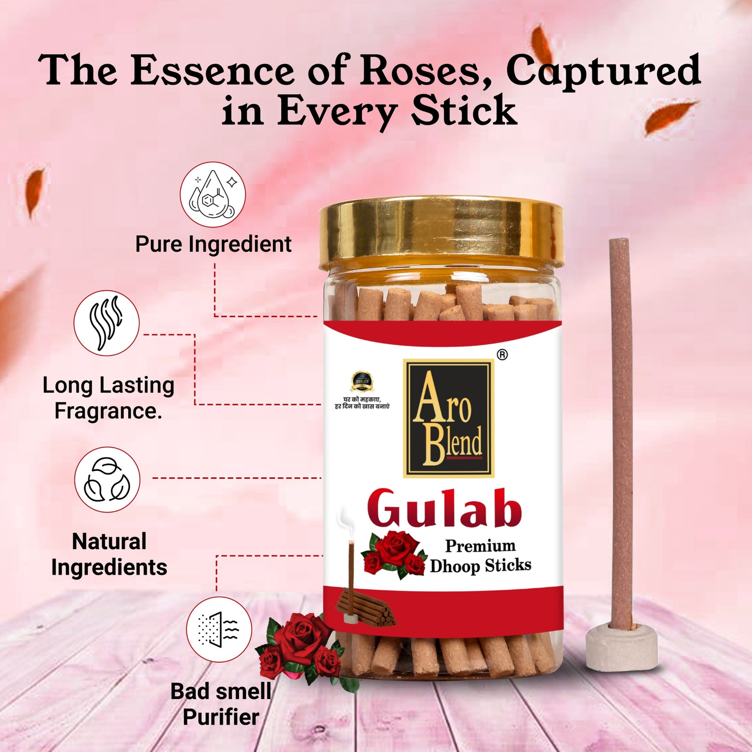 Image of Aroblend 100% Natural Gulab & Lavender Dry Dhoop Sticks for Pooja 40 Sticks Every Jar | Rose, Sandal Dhoop
