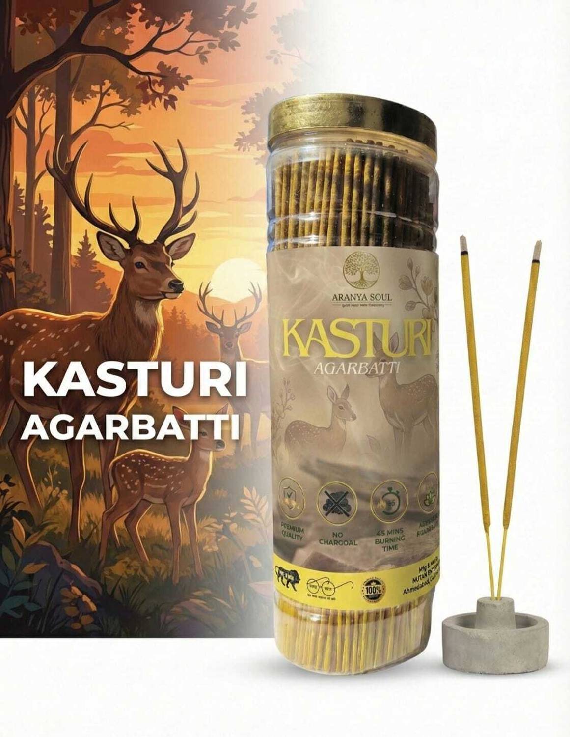 Aranya Soul Luxury Kasturi Agarbatti Sticks - Natural Musk Fragrance + Free Stand Premium Kasturi Agarbatti, Premium Musk Agarbatti