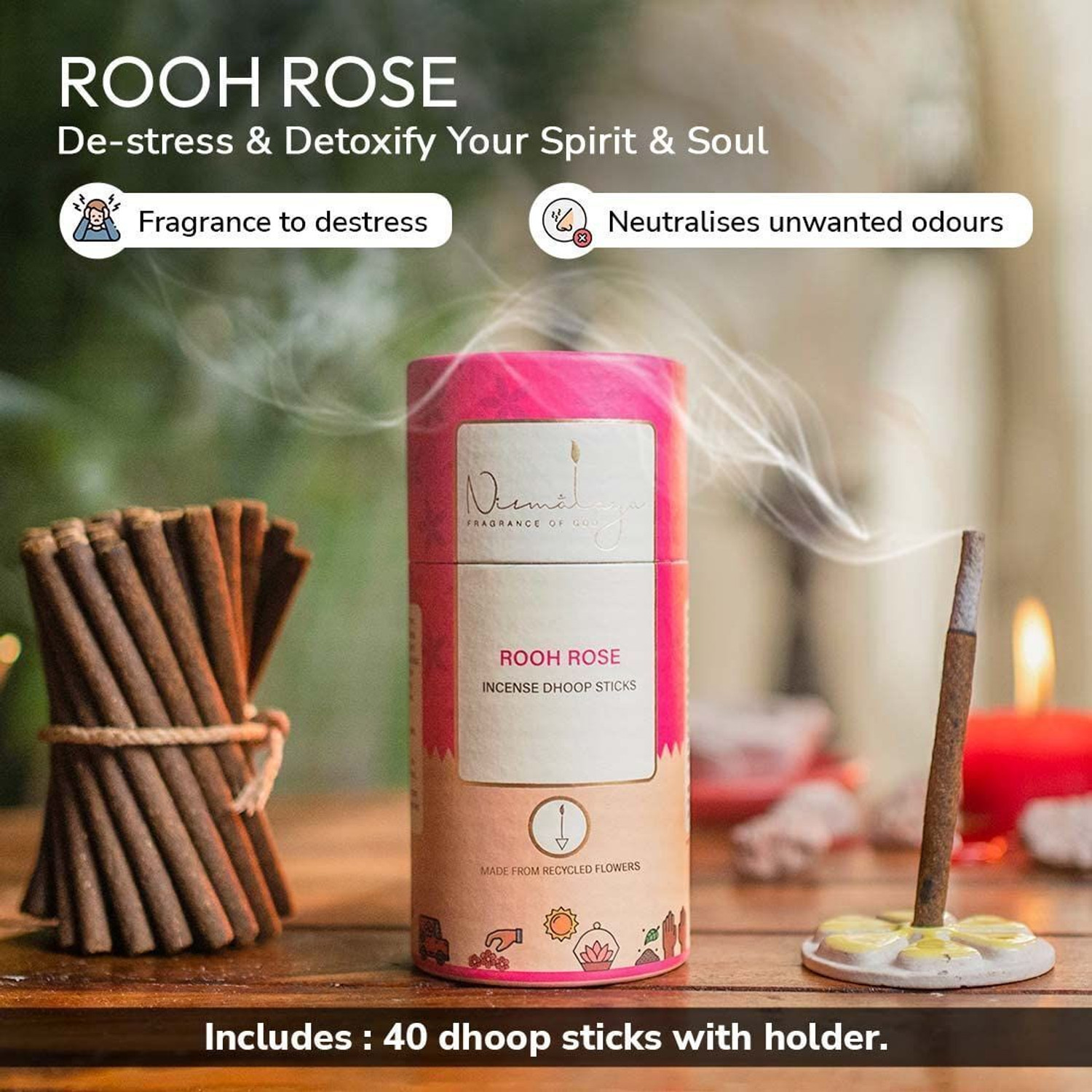 Image of nirmalaya Premium Rooh Rose Dhoop Sticks For Pooja | Dhoop Sticks Made by Sacred Flower Rose Dhoop Sticks with Stand