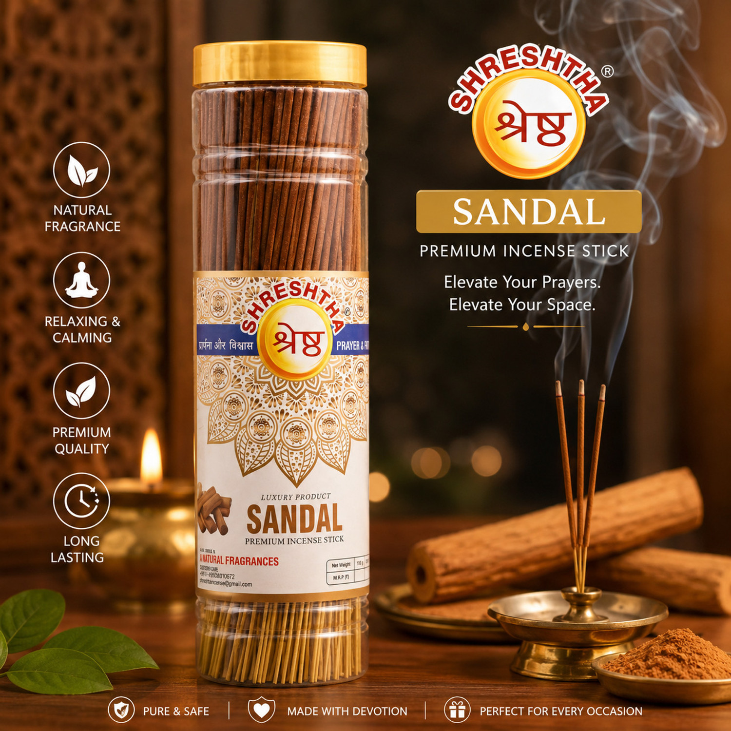 Image of SHRESHTHA PREMIUM SANDAL INCENSE STICK AGARBATTI (100GMS) (JAR) SANDALWOOD, CHANDAN