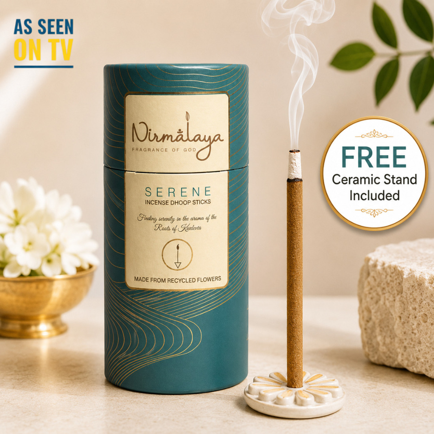 Image of nirmalaya Premium Serene Dhoop Sticks For Pooja | Dhoop Sticks Made by Sacred Flower | Serene Dhoop Sticks With ceramic Stand