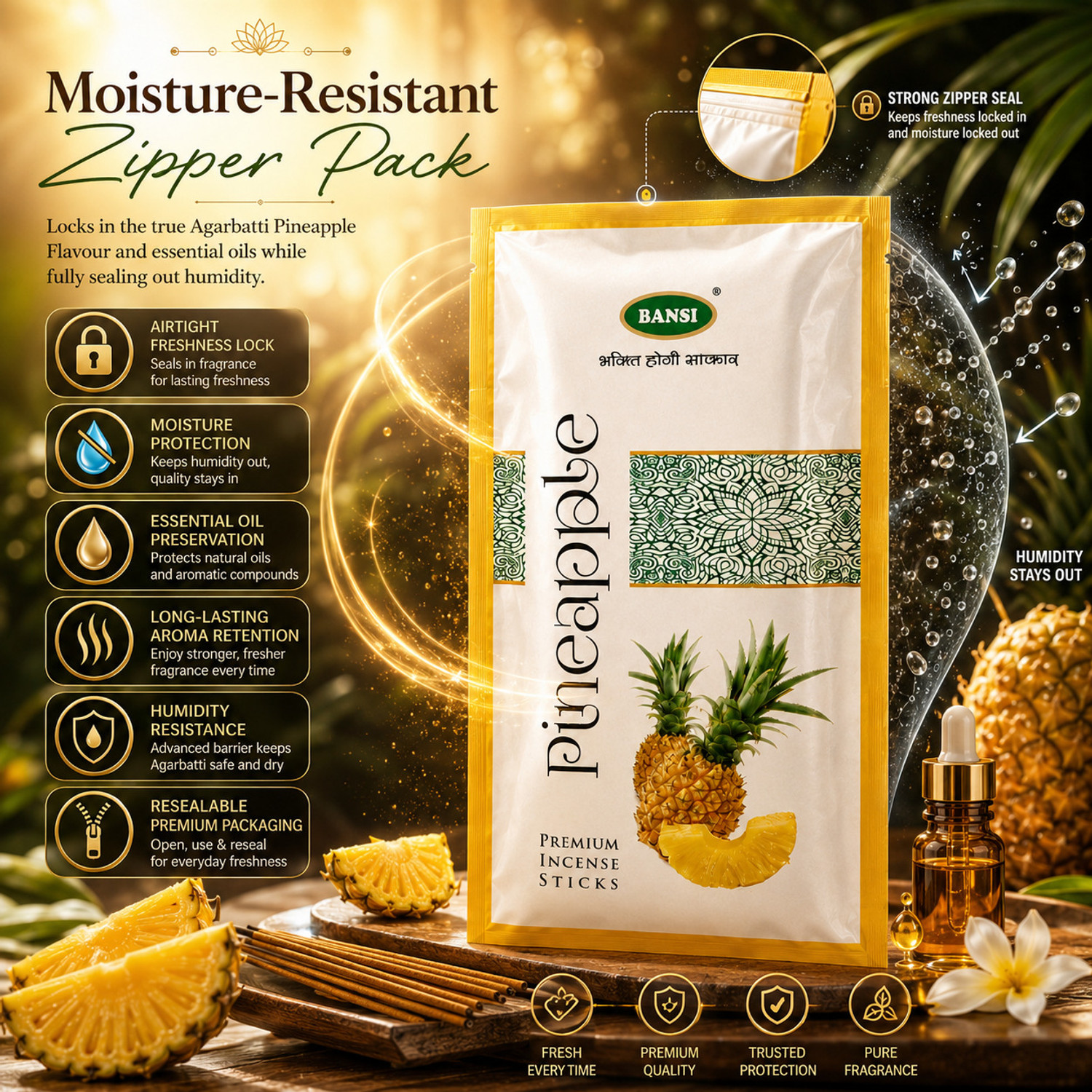 Image of BANSI Pooja Agarbatti - Luxury Incense sticks Zipper in Divine Fragrance Pineapple