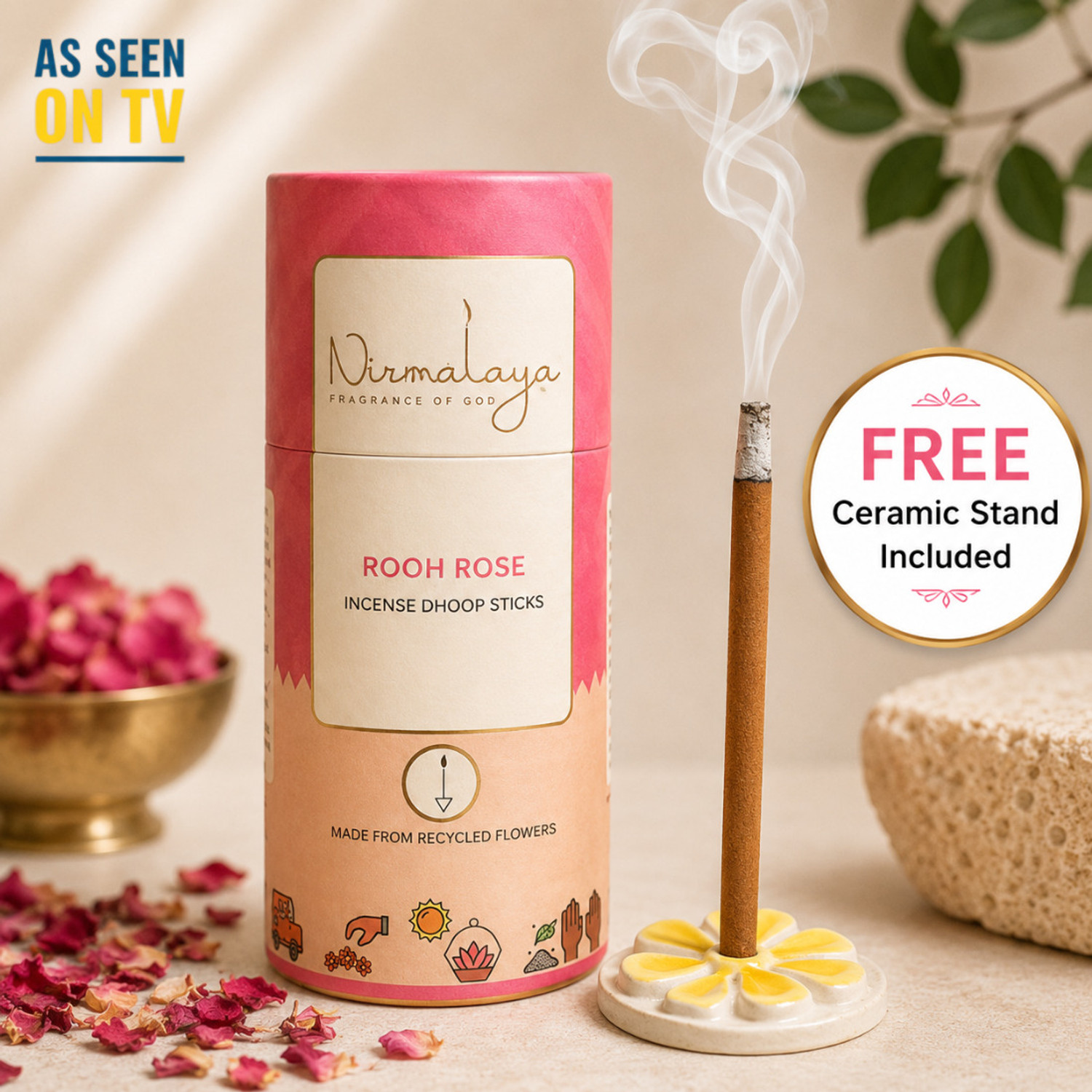 Image of nirmalaya Premium Rooh Rose Dhoop Sticks For Pooja | Dhoop Sticks Made by Sacred Flower Rose Dhoop Sticks with Stand