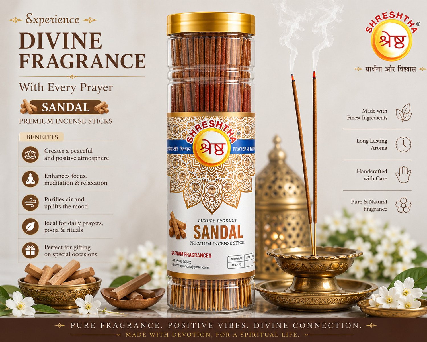 Image of SHRESHTHA LUXURY PREMIUM INCENSE STICKS AGARBATTI (4 X 100GMS) BOTTLE PACK GULAB / ROSE, CHANDAN / SANDAL, MOGRA, PINEAPPLE