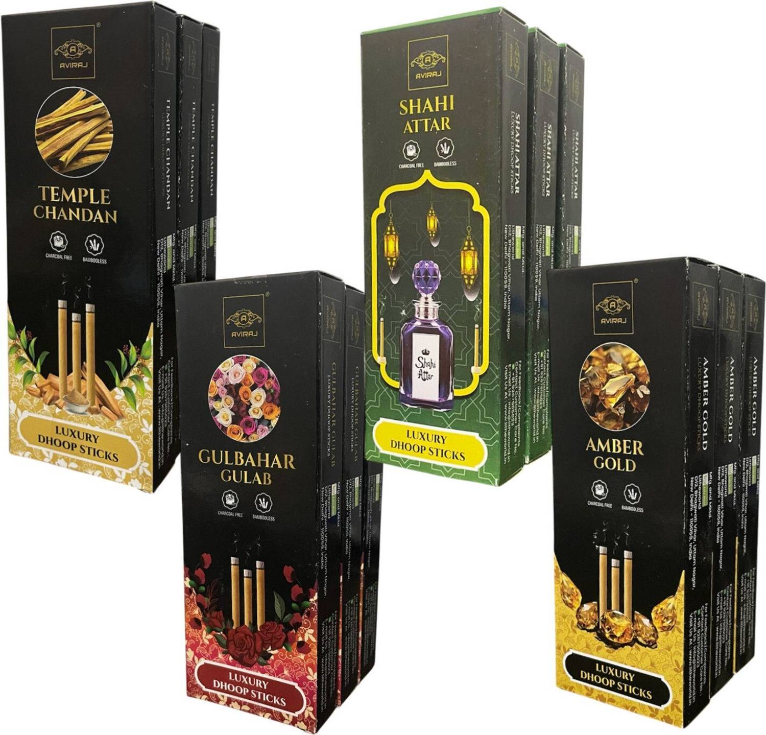 aviraj Incense Dhoop Stick For Pooja Multi Fragrance Combo Pack of 12 Boxes with Stand Chandan, Shahi Attar, Rose, Amber Gold
