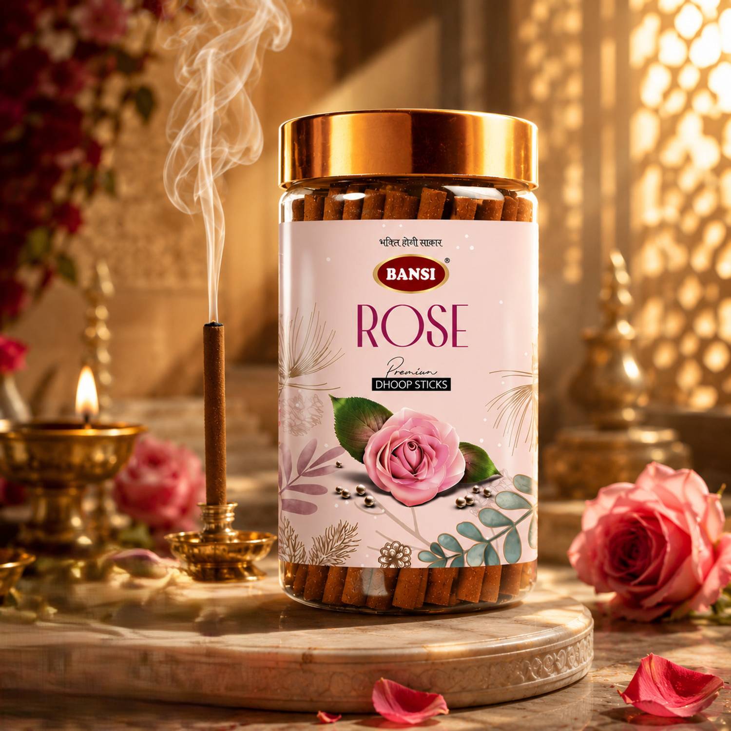 BANSI Pooja Dhoop Sticks Premium Gulab/Rose Jar 100Gms|Bambooless |Charcoal Free Gulab, Rose