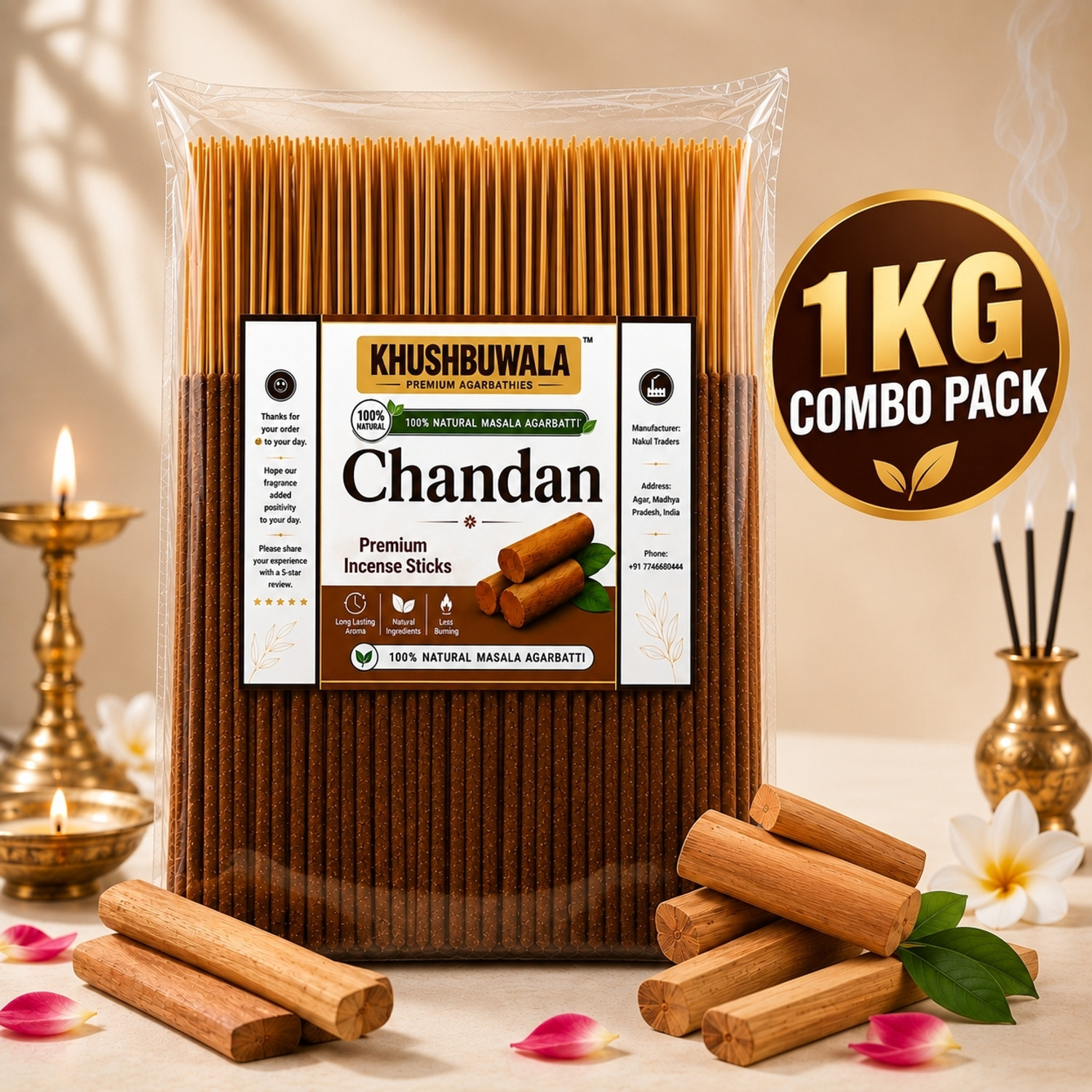 Image of Khushbuwala PREMIUM incense stick 1kg Packet Chandan, 370 GRAMS