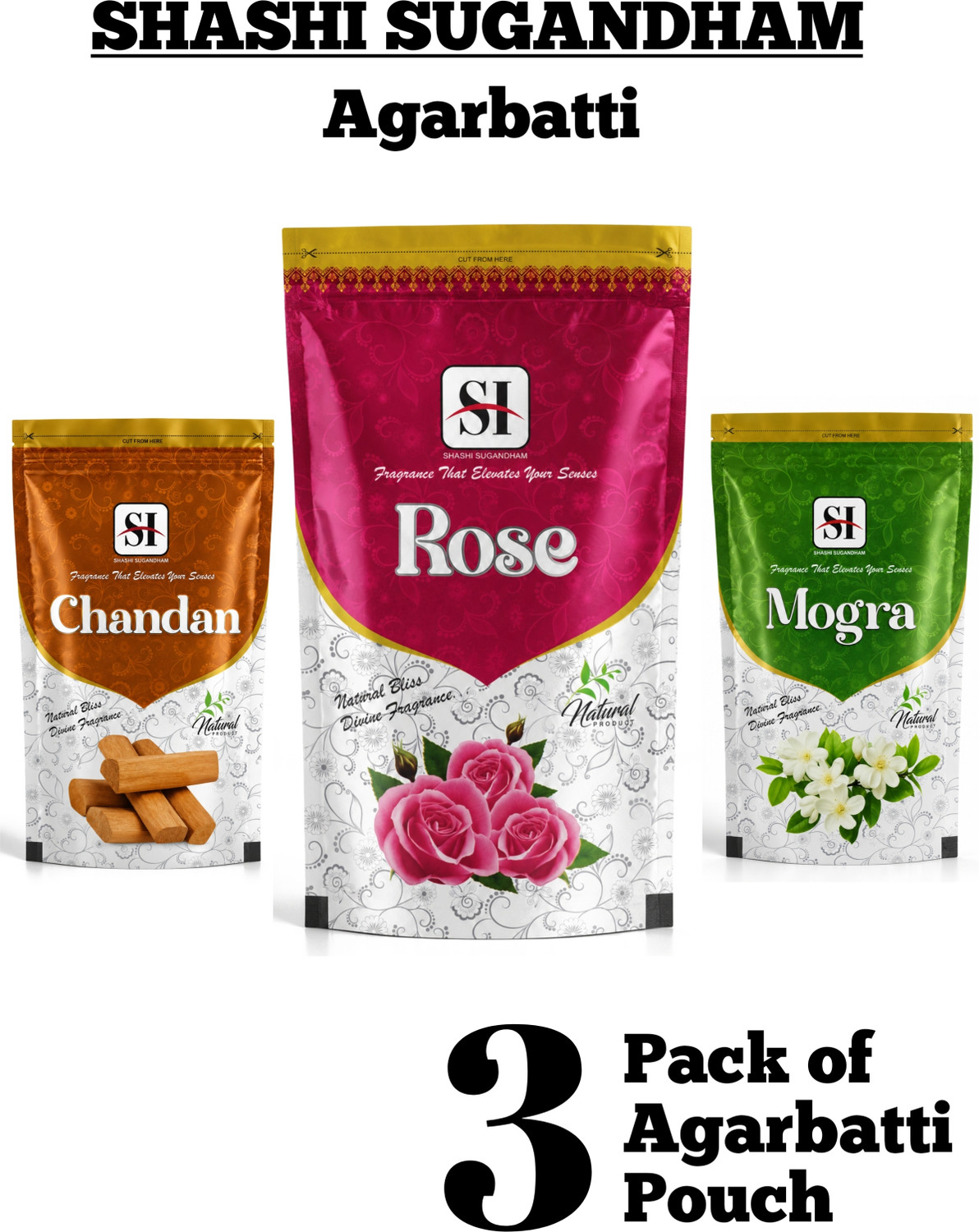 Image of Rajtilak Premium Incense Sticks Pack of 3 Zipper pouch | 9 Inch | 45+ Mins GULAB, MOGRA, SUKHAD, CHANDAN, PANCHRATNA