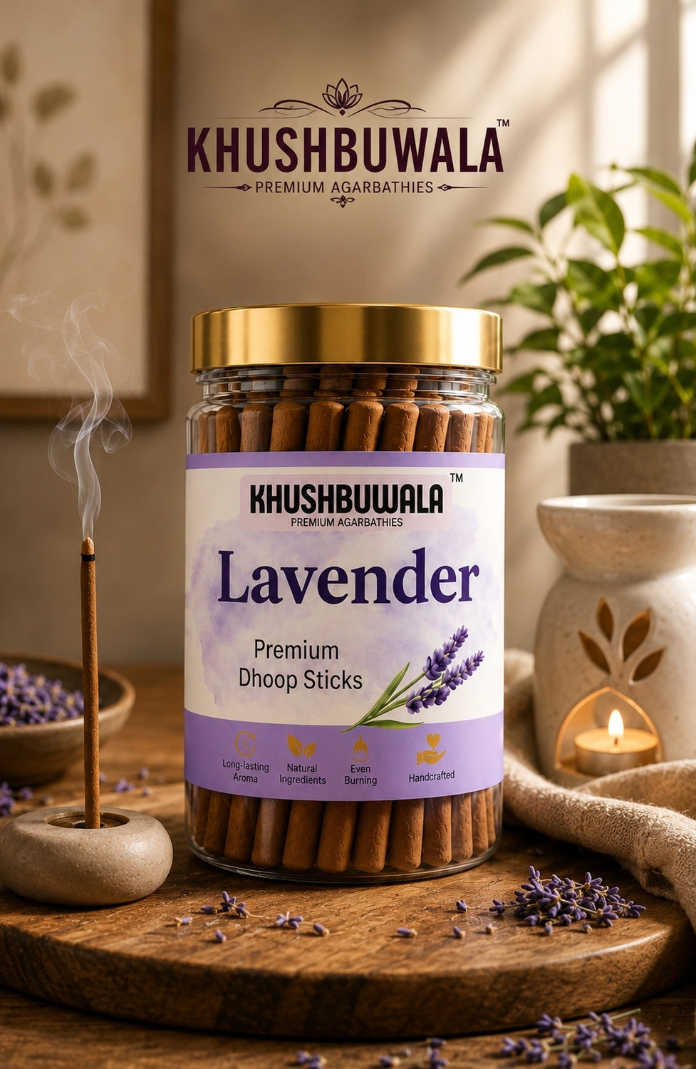 Image of Khushbuwala Premium Lavender Dhoop Sticks Dhoopbatti - Floral Agarbatti Incense 0% Charcoal Lavender (100 g, Set of 1)