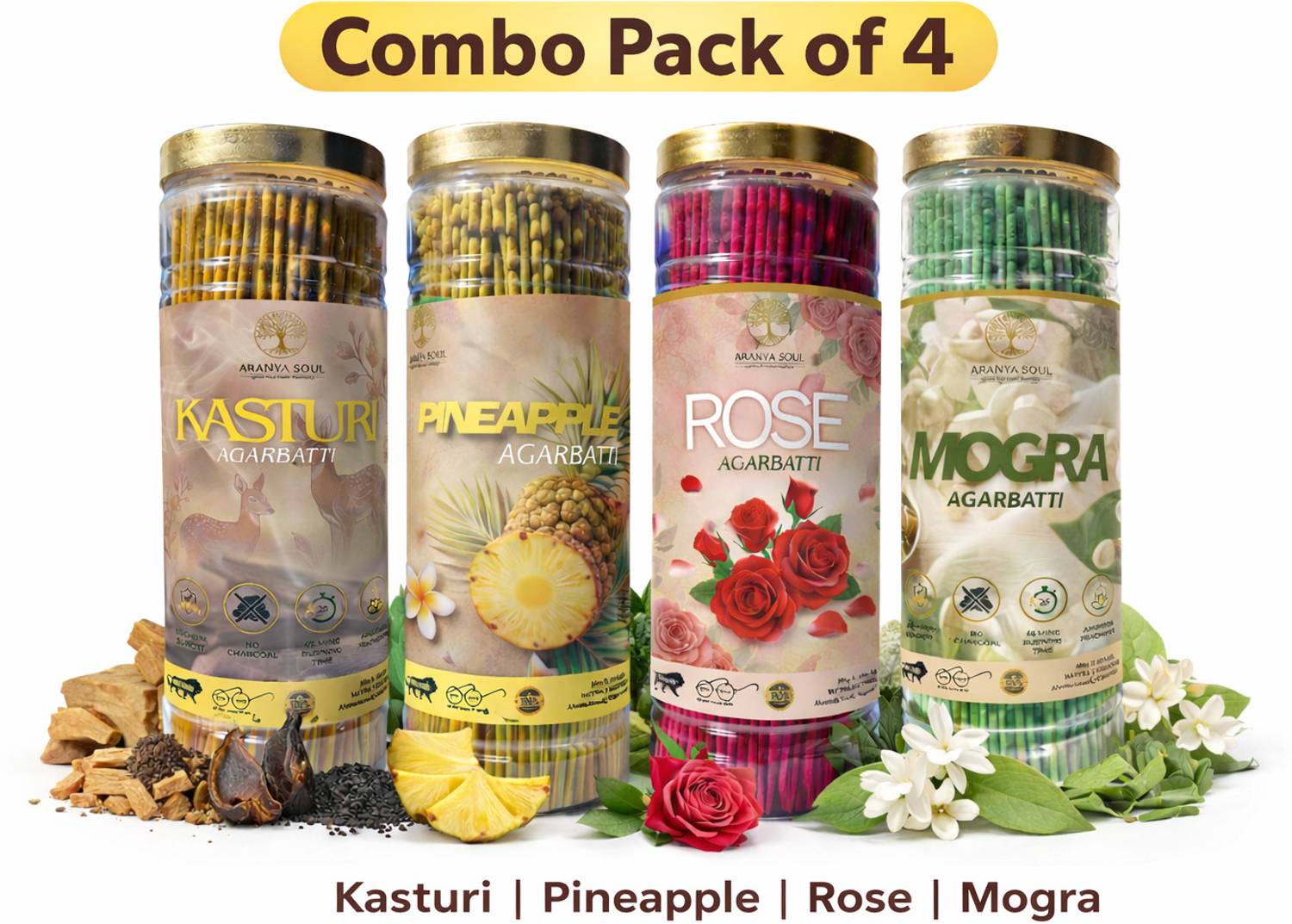 Aranya Soul Agarbatti Gift Combo of 4 Premium Fragrances Jar Pack for Home Office Pooja Premium Pineapple, Premium Rose, Premium Kasturi, Premium Mogra
