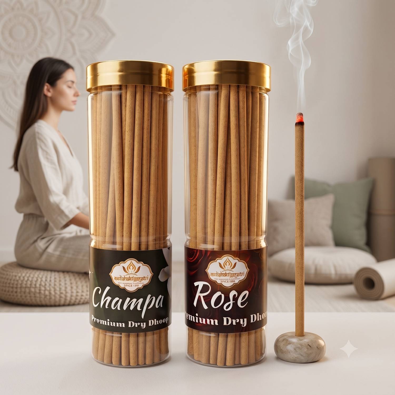 Aadishaktigayatri Combo Pack of Rose & champa (2 jar of 250 gm each) Bamboo less dhoop Agarbatti Gulab / Champa Dhupbatti 8 inch stick 1.5 hr burning highly sented