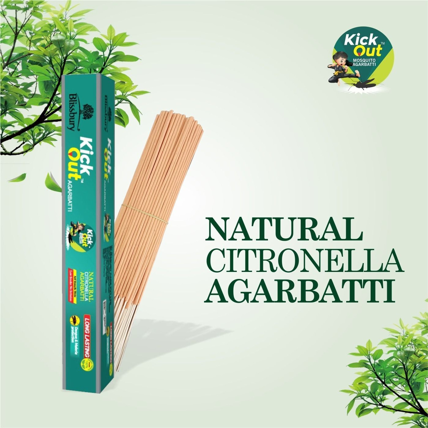 Image of Blissbury Kick Out Agarbatti Mosquito Killer Incense Sticks 1 Box containing 120 Sticks Natural Citronella