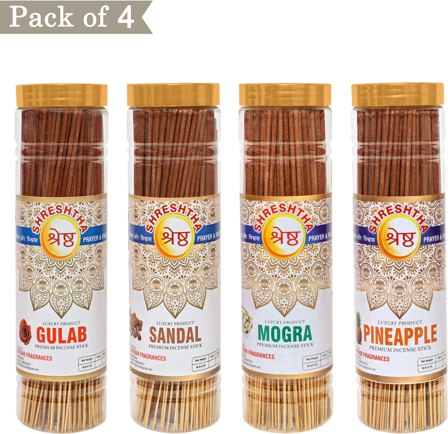 Image of SHRESHTHA LUXURY PREMIUM INCENSE STICKS AGARBATTI (4X200GRAMS) (800GRAMS) GULAB / ROSE, CHANDAN / SANDAL, MOGRA, PINEAPPLE