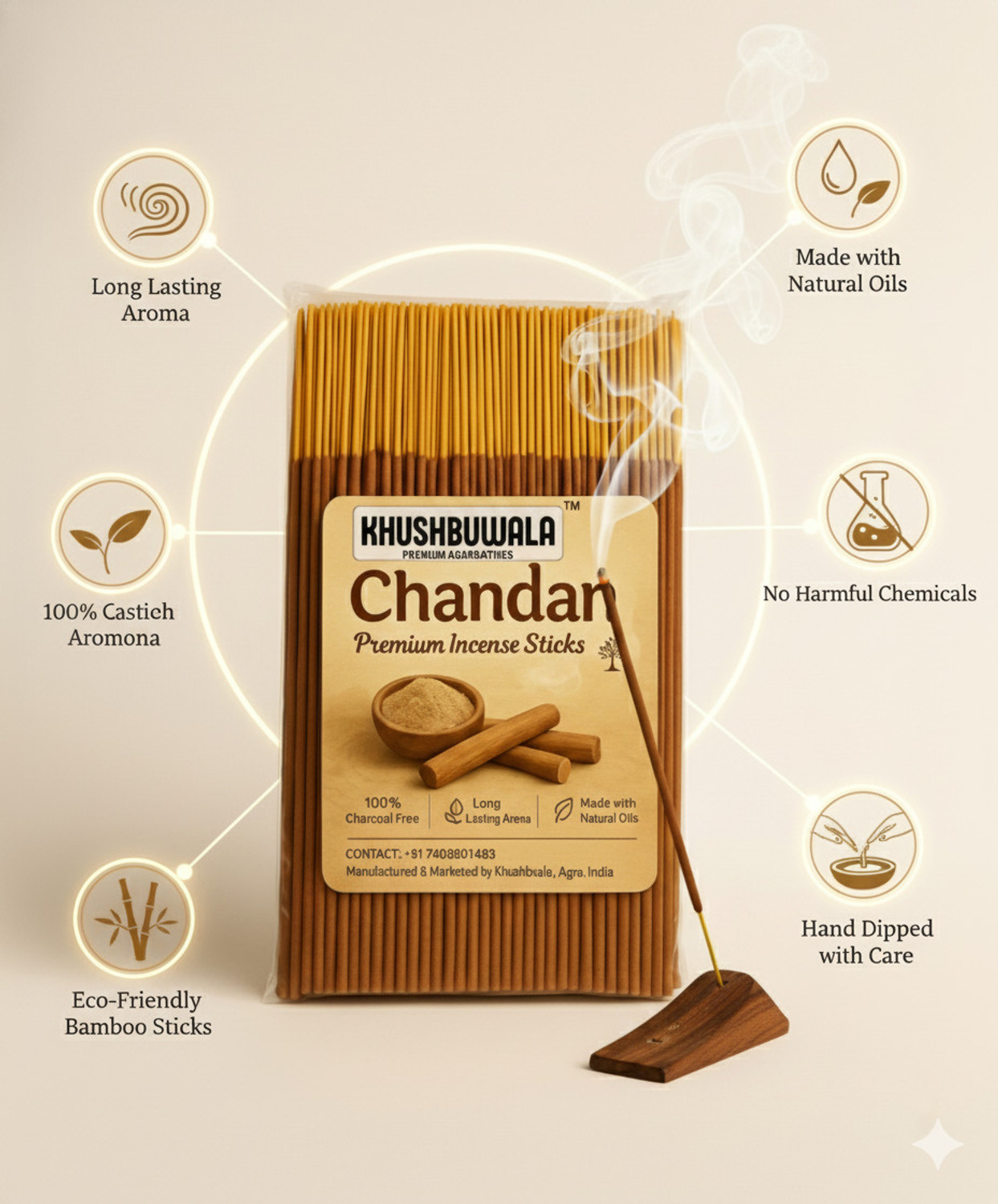 Image of Khushbuwala Chandan Premium Incense Sticks 500g Chandan