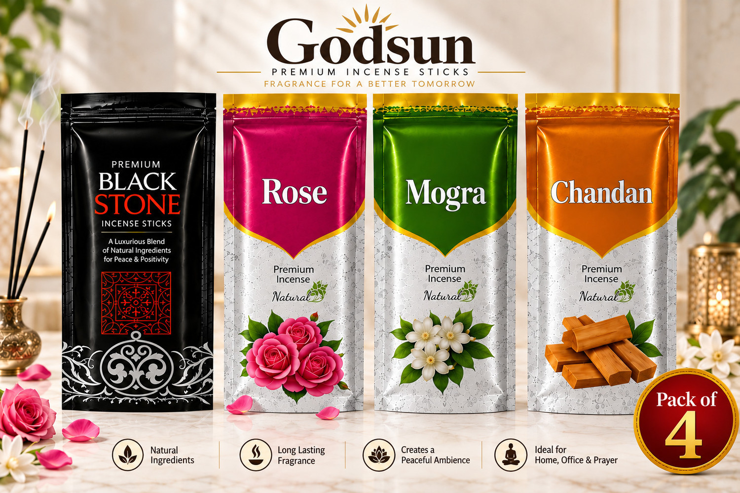 Image of GODSUN Premium Incense Sticks Zipper pouches | 9 Inch | 45+ Mins 4 Different fragrances