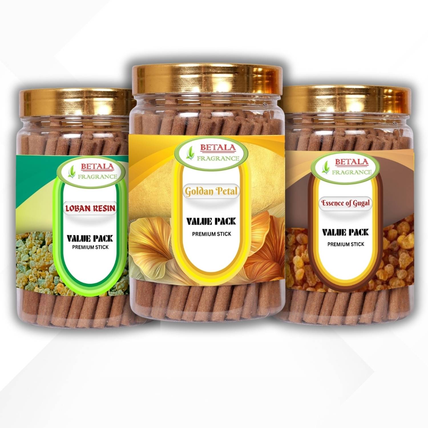 BETALA FRAGRANCE 3 in 1 Value Pack Dhoop Stick, 100 gm X 3 pack Loban Resin, Goldan Petal, Essence of Gugal