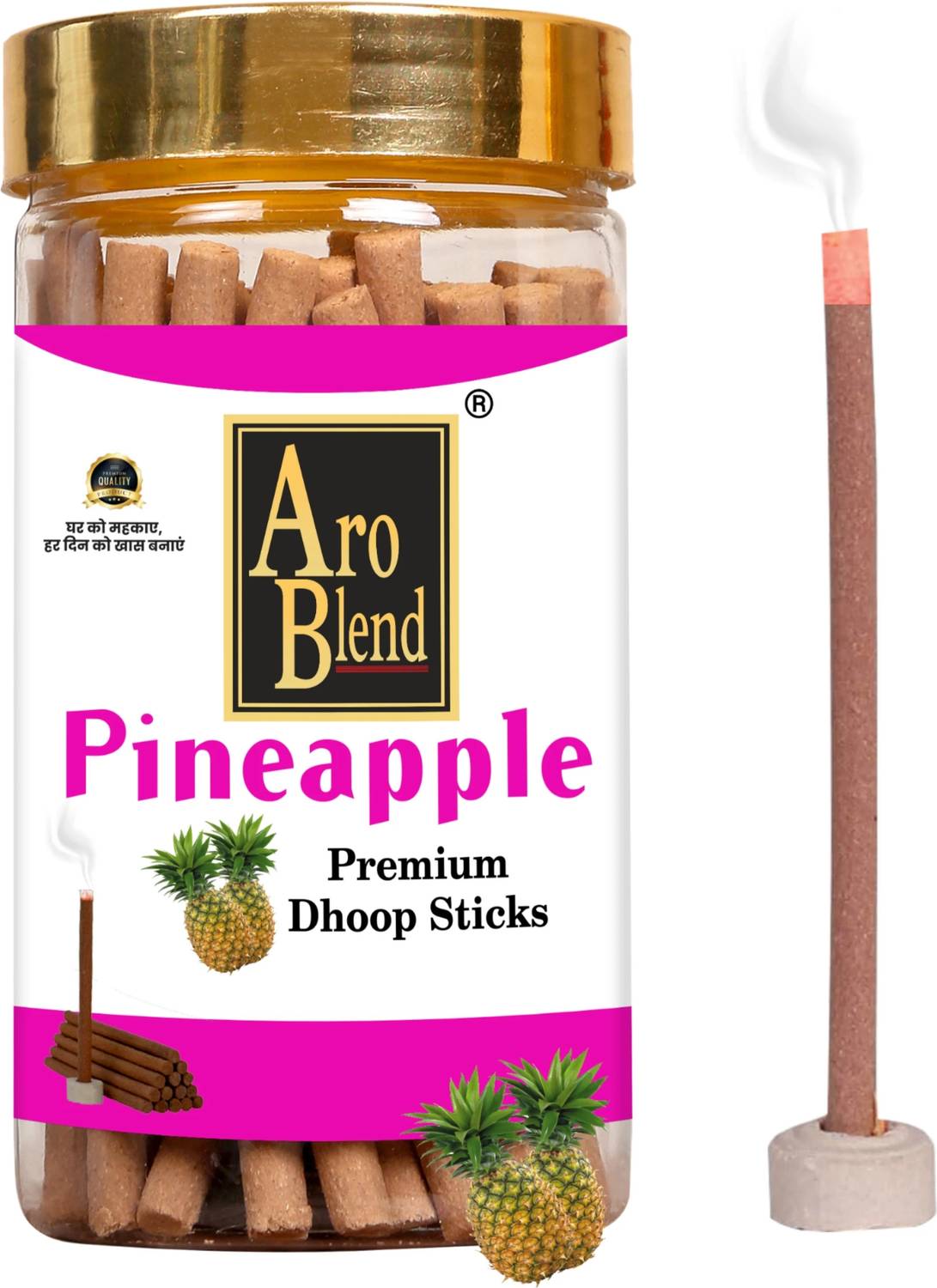 Aroblend PINEAPPLE FLAVOUR DRY DHOOP STICKS PACK OF 100 GRAM JAR FOR ROOM FRESHNESS, POSITIVE ENERGY & YOGA MEDITATION, PINEAPPLE