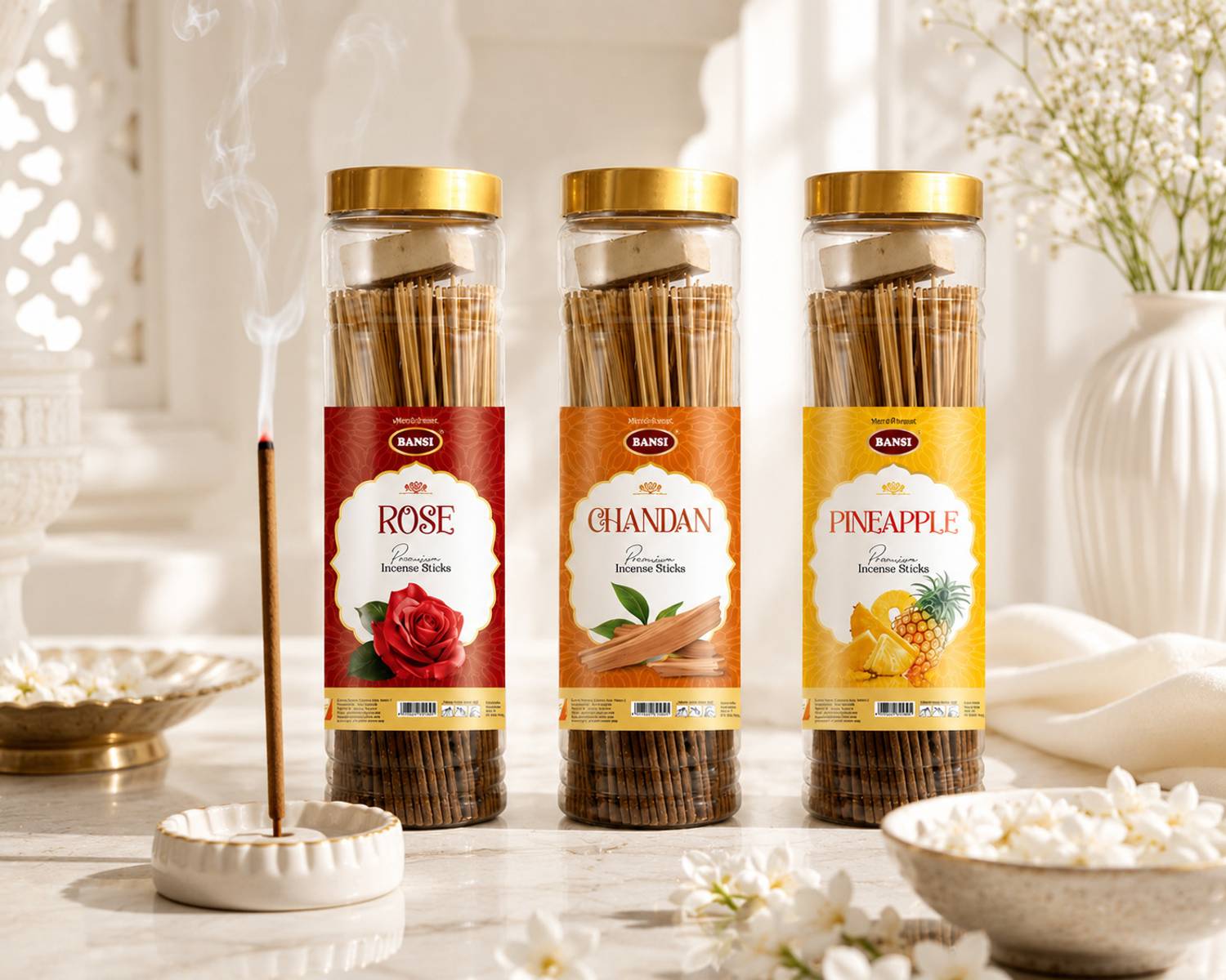 BANSI Natural Agarbatti-No Charcoal Premium Incense Sticks for Pooja in Good Smell of Rose, Chandan, Pineapple, Sandalwood