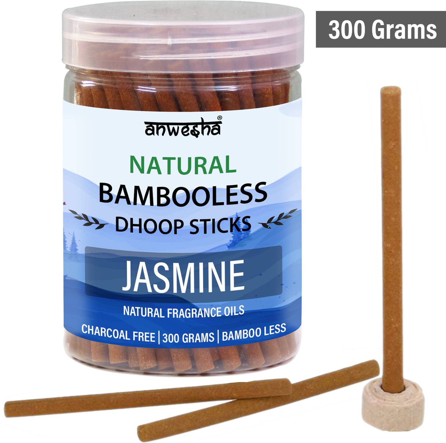 Anwesha Jasmine Premium Bambooless Dhoop Sticks Box - 110 Scented Incense sticks - 300 Grams - Reusable Pet Jar Jasmine