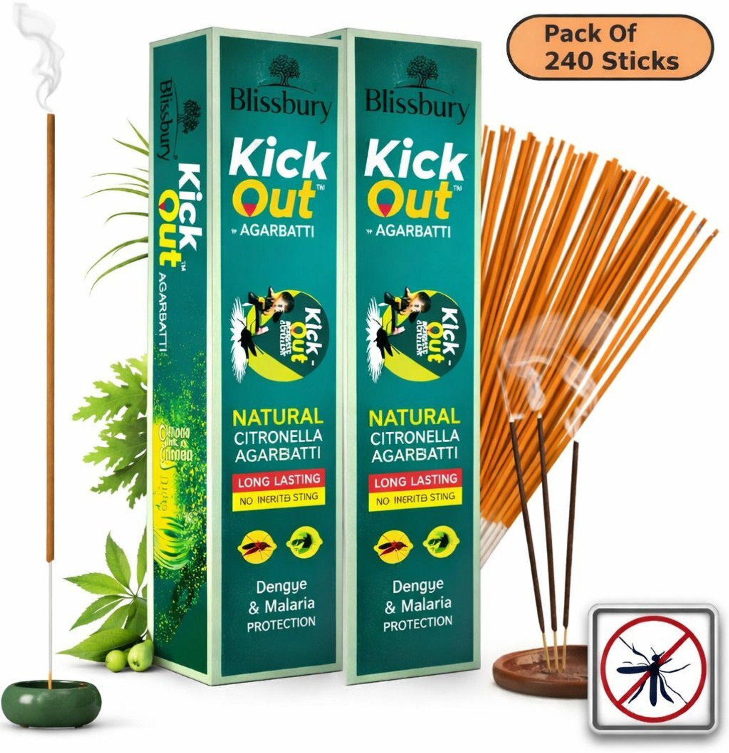 Image of Blissbury Kick Out Agarbatti Mosquito Killer Incense Sticks containing 240 Sticks Natural Citronella