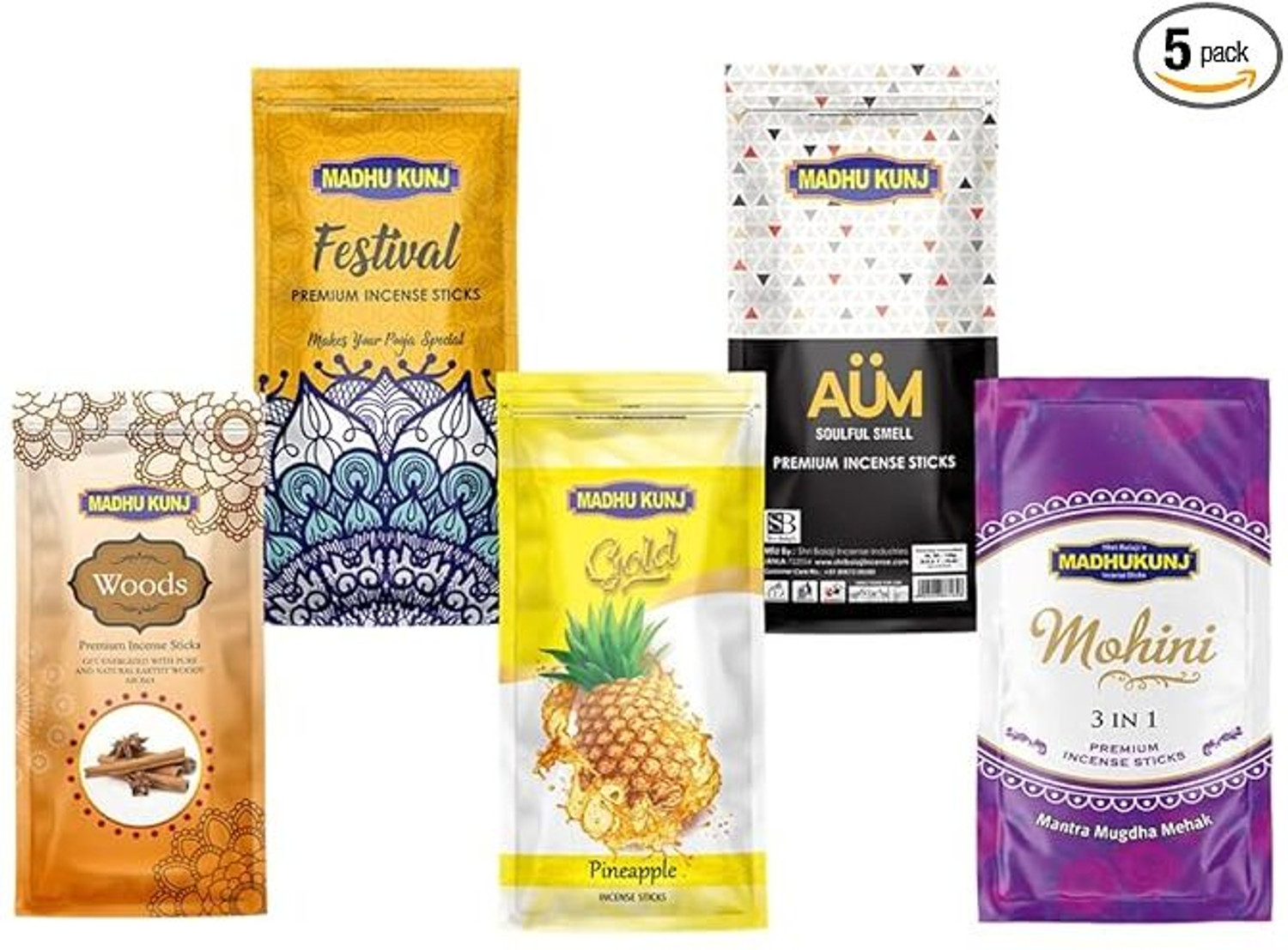 Image of MADHUKUNJ FESTIVAL SERIES COMBO PACK OF 5 CITRAL, LEMON, PERFUME, SANDAL, CHANDAN, GULAB, ROSE, GUGGAL, PINEAPPLE, MUSK, WOODS, AUM, 3IN1, MULTI (5 Units, Set of 5)