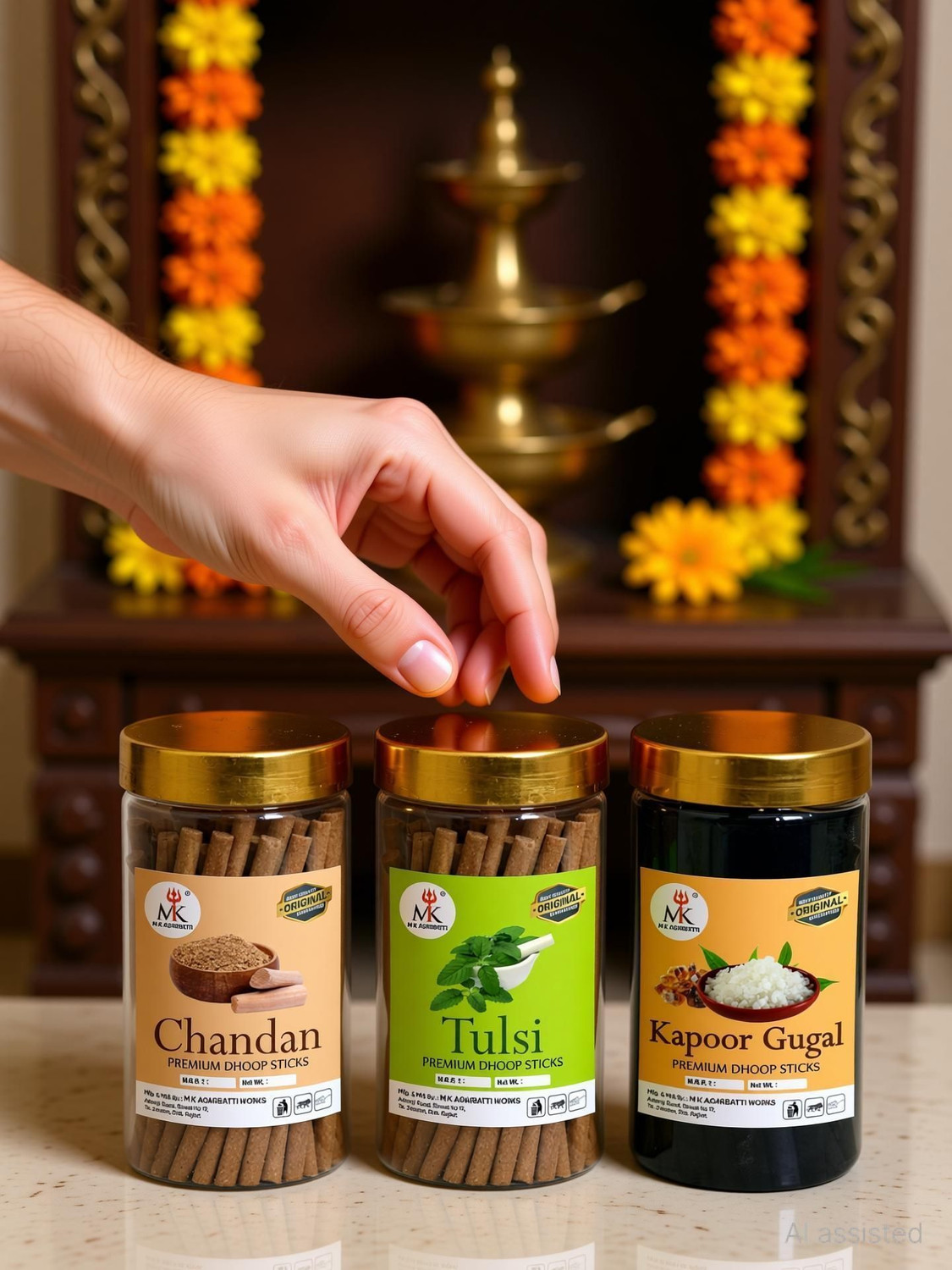 Image of MkAgarbatti Pooja Dhoop Sticks Premium Jar 100Gm x3 ( 300 gram) | No Bamboo chandan kapoor gugal tulsi