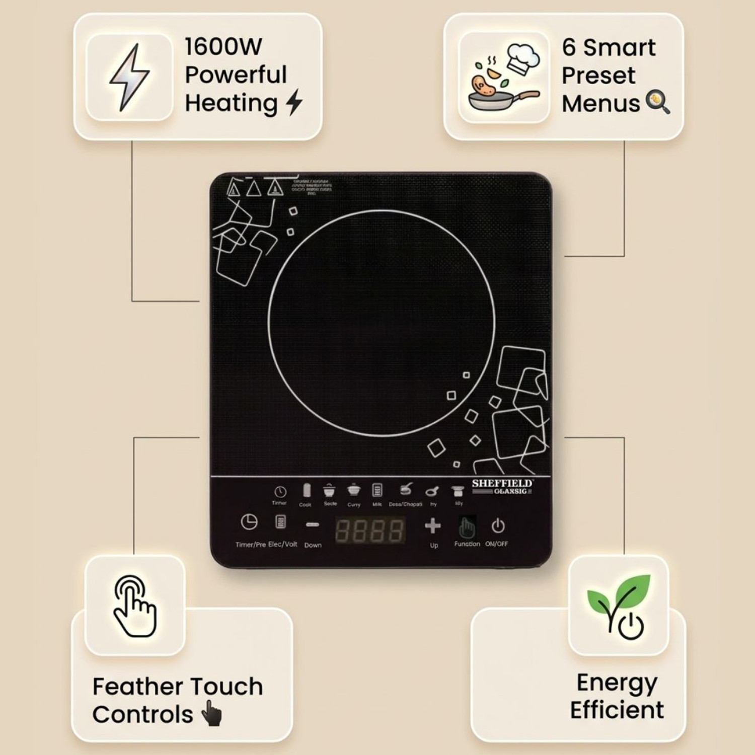 Image of Sheffield Classic 1600 W Induction Cooktop Touch Panel
