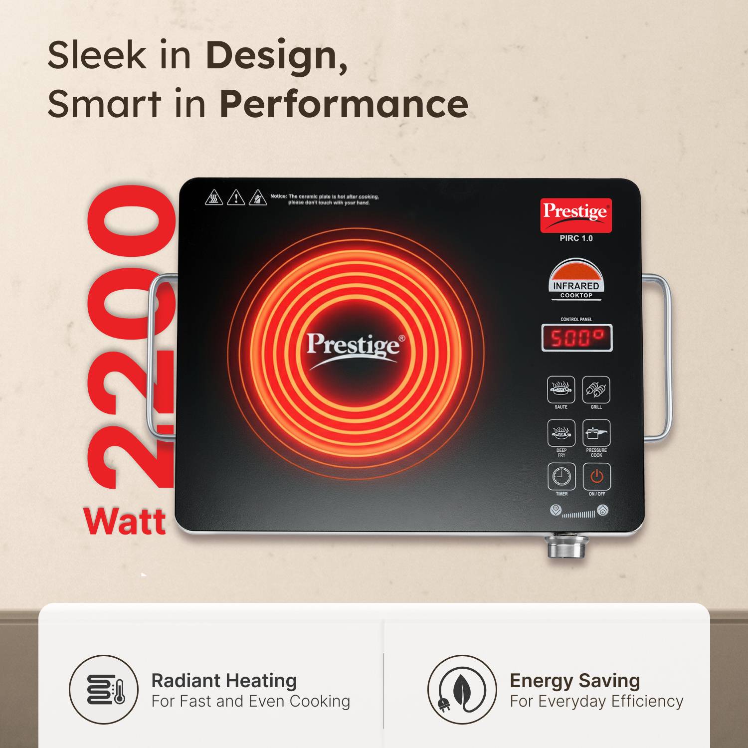 Prestige 2200W Infrared Cooktop, Black - Image 3
