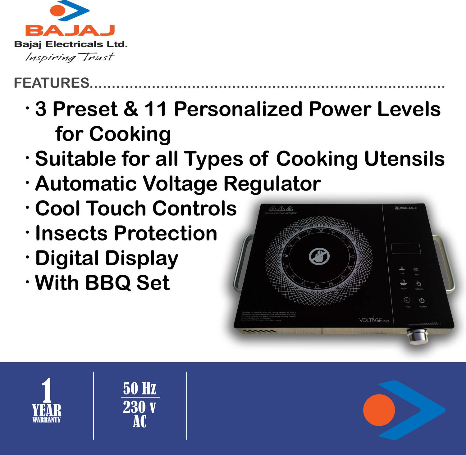 BAJAJ 2200 W Radiant Cooktop, Jog Dial, Touch Panel - Image 3