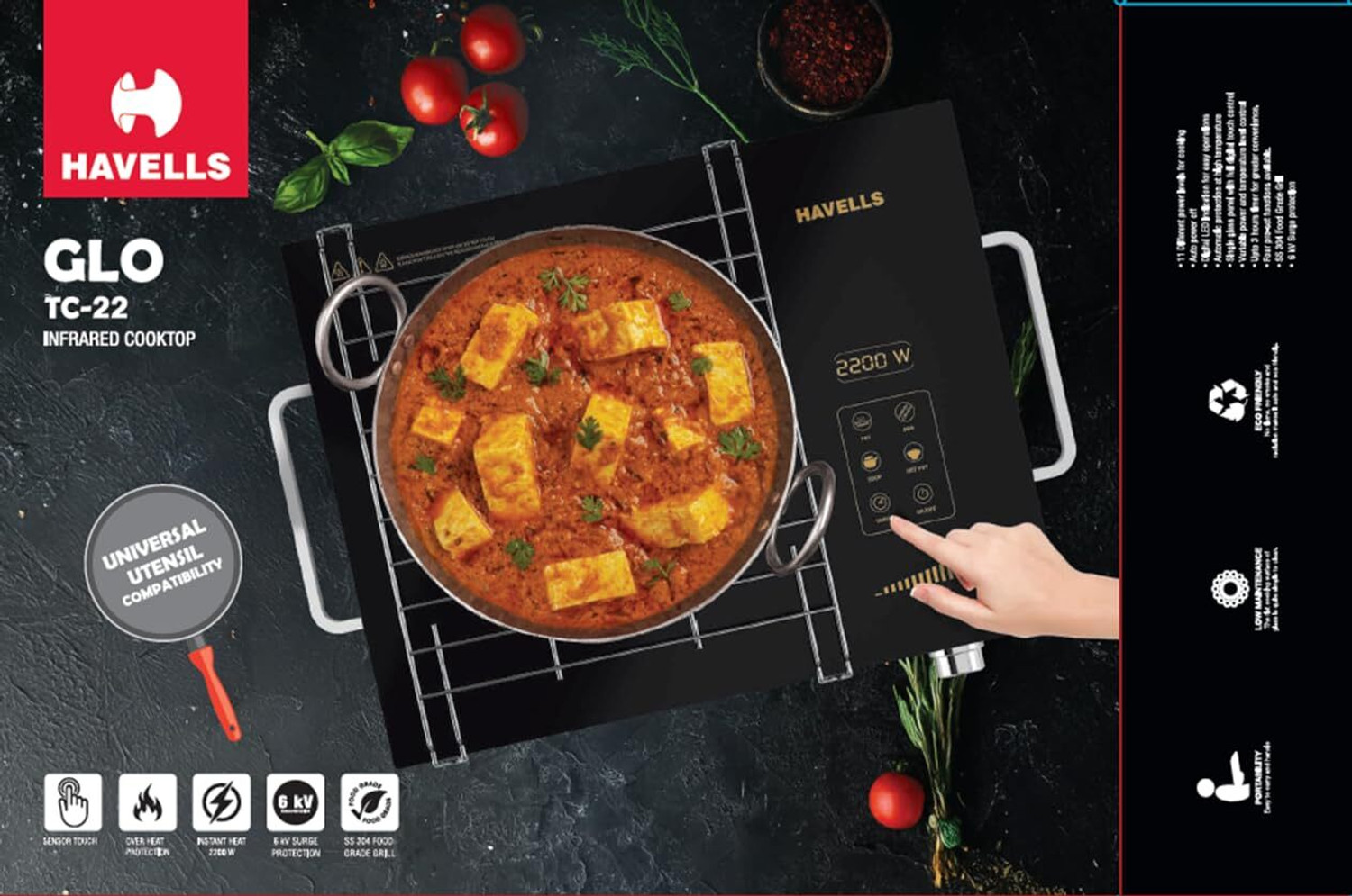 Image of HAVELLS 2200 W Infrared Cooktop Jog Dial, Touch Panel