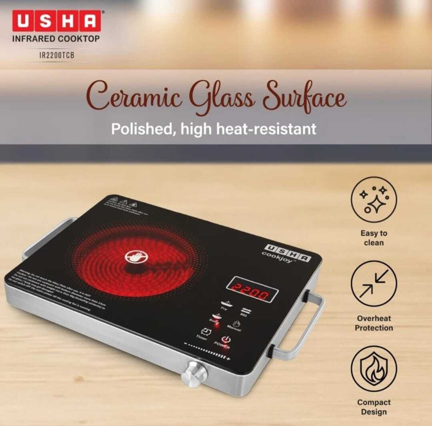 Image of USHA 2200 W Infrared Cooktop Jog Dial, Touch Panel