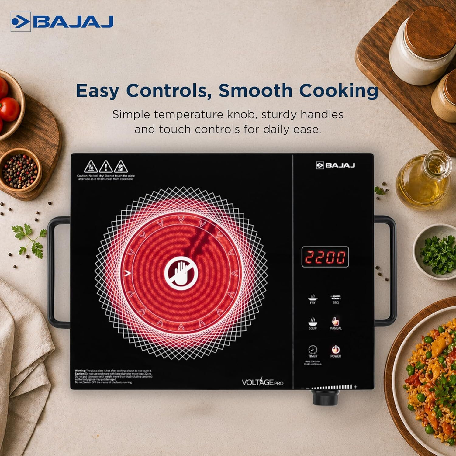 Image of BAJAJ 2200 W Infrared Cooktop Touch Panel, Jog Dial