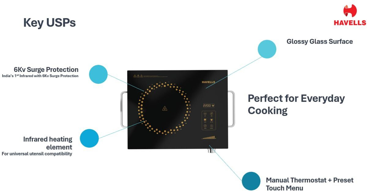 Image of HAVELLS 2200 W Infrared Cooktop Jog Dial, Touch Panel