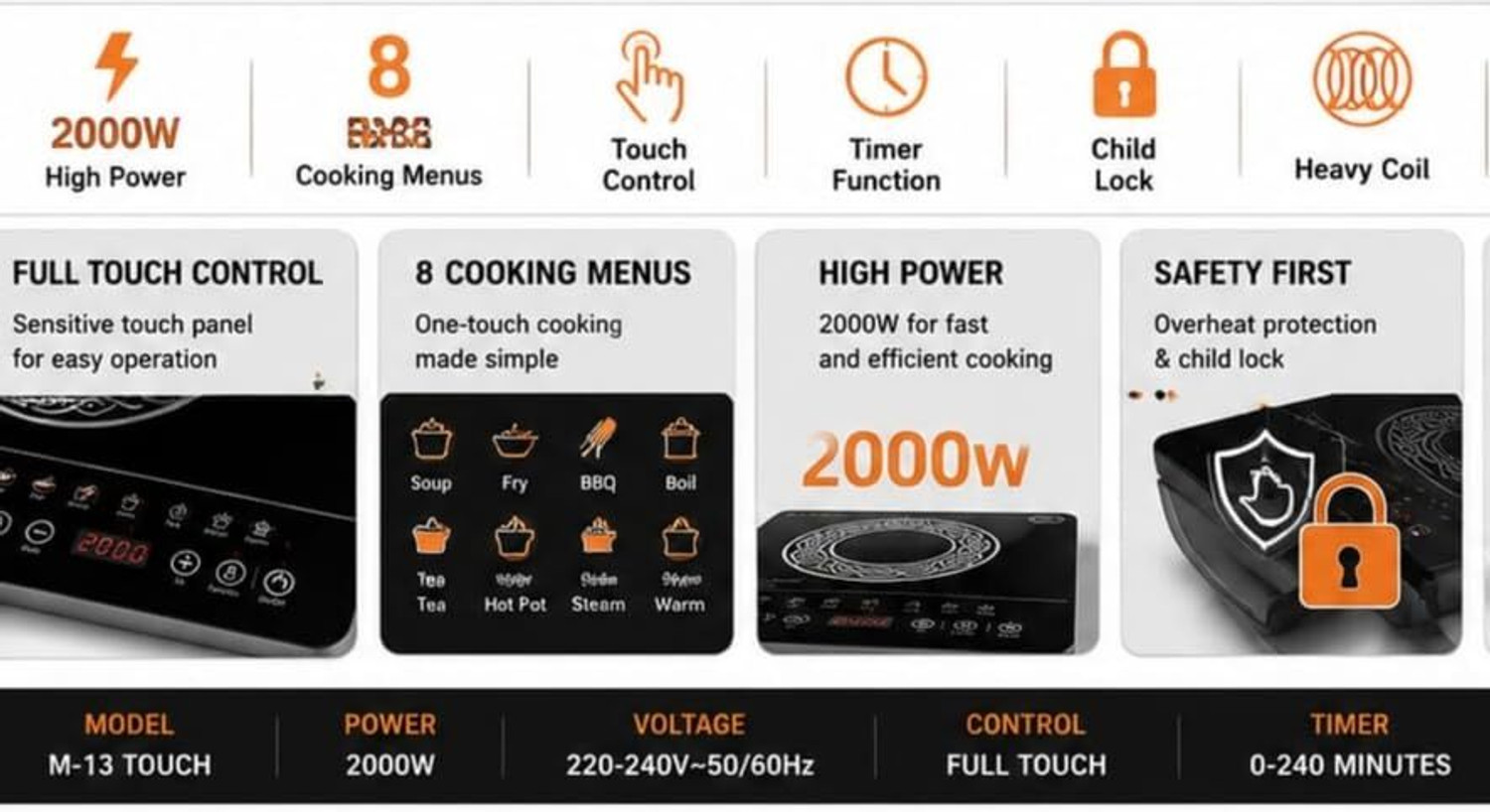 Image of CookSmart 2000 W Induction Cooktop Touch Panel