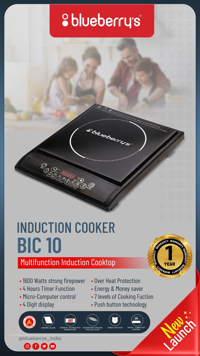 Image of BlueBerry's 1600 W Induction Cooktop Push Button