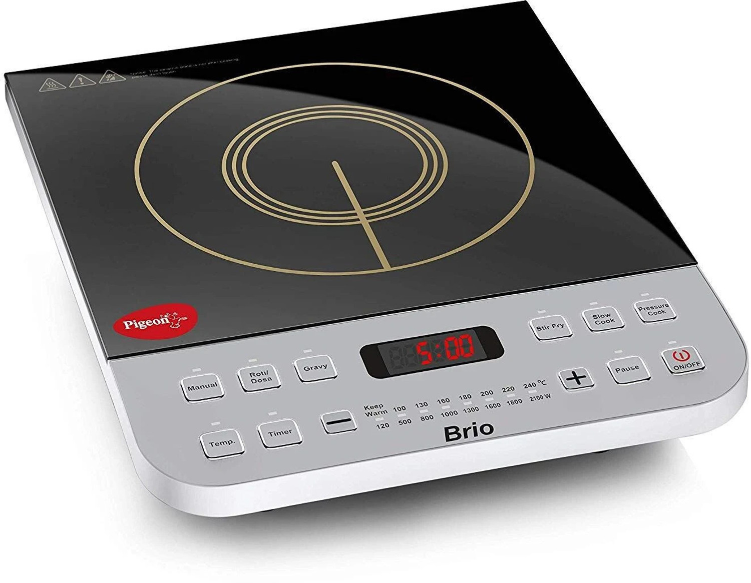 Image of Pigeon 2100 W Induction Cooktop Push Button (Silver, Black, Brio+)