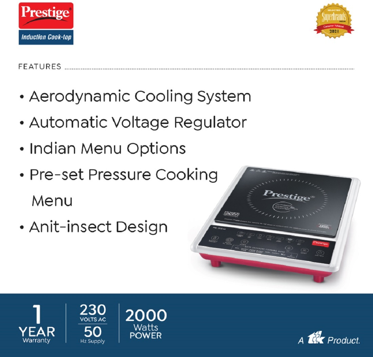 Image of Prestige 2000 W Induction Cooktop Push Button