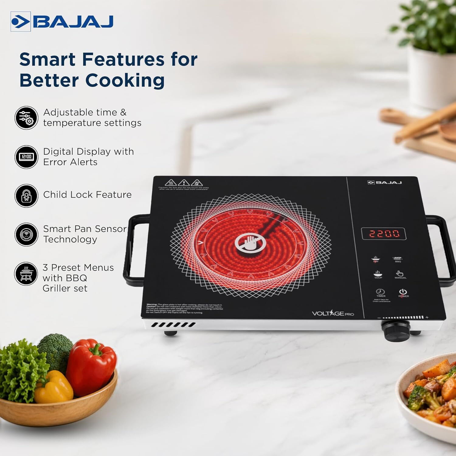 Image of BAJAJ 2200 W Infrared Cooktop Touch Panel, Jog Dial