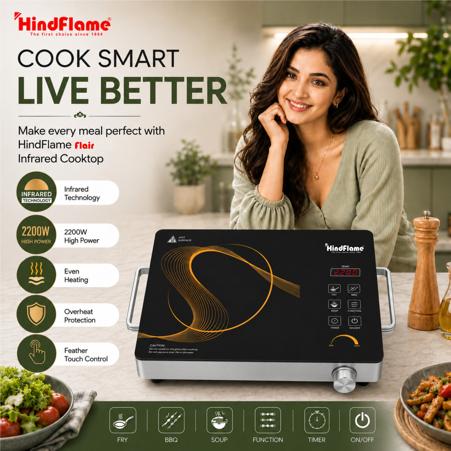 Image of Hindflame 2200 W Infrared Cooktop Touch Panel