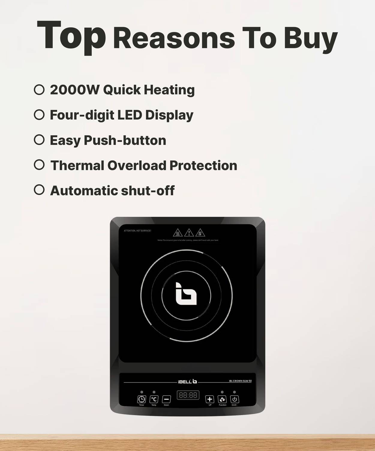 iBELL 2000W Induction Cooktop Black - Image 3