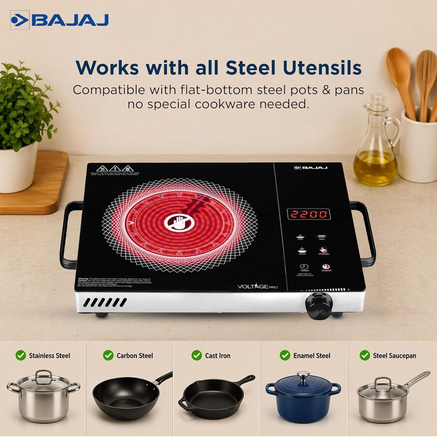 Image of BAJAJ 2200 W Infrared Cooktop Touch Panel, Jog Dial