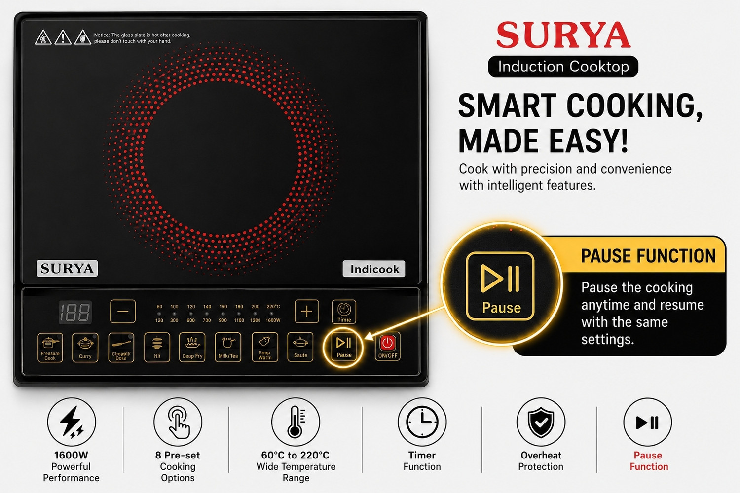Image of SURYA 1600 W Induction Cooktop Push Button