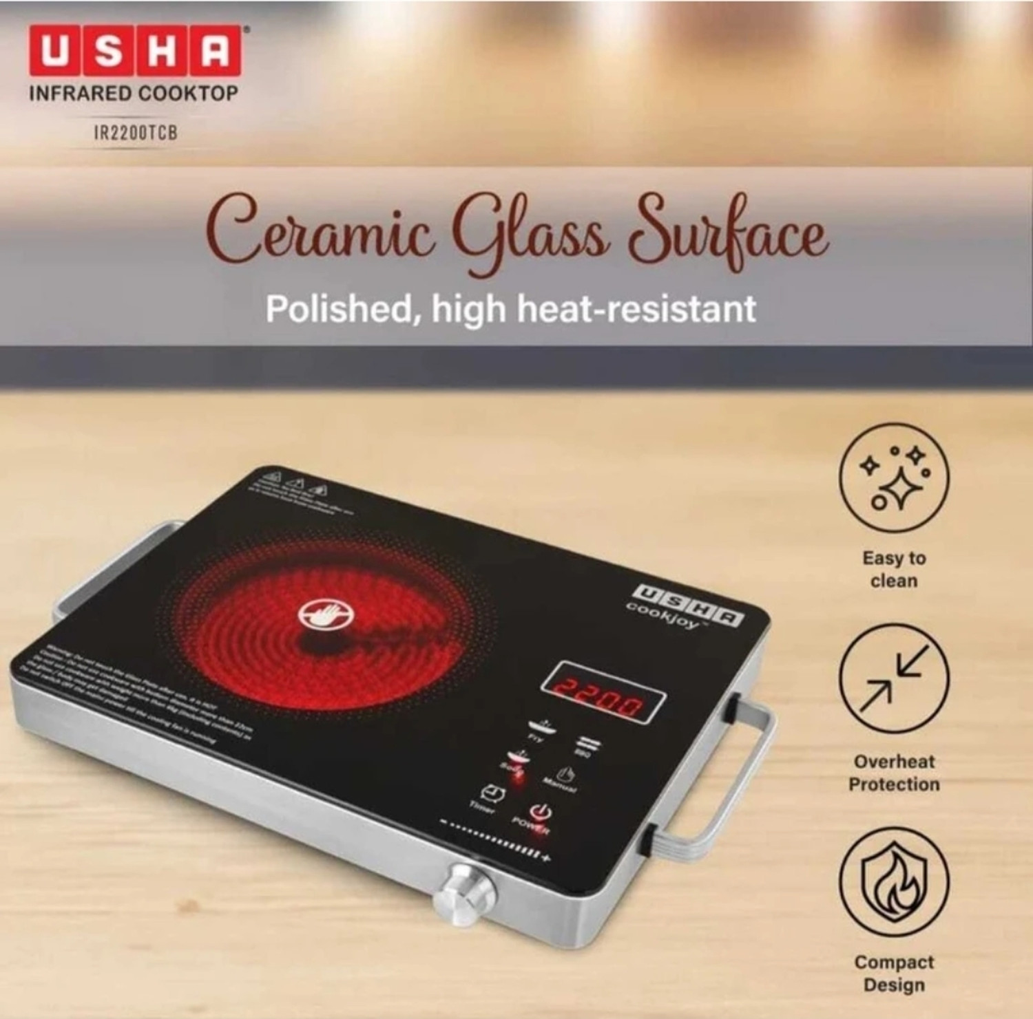 Image of USHA 2200 W Infrared Cooktop Jog Dial, Touch Panel
