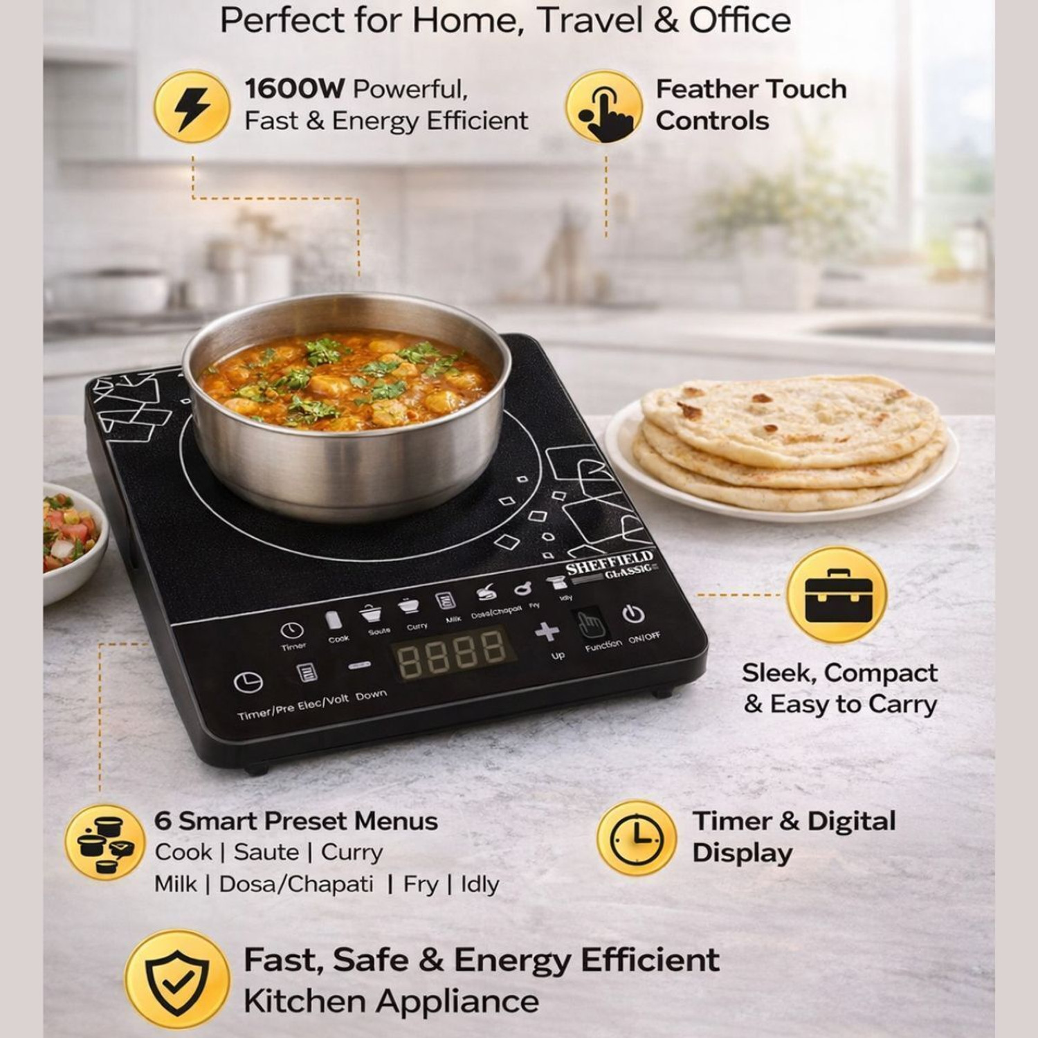 Image of Sheffield Classic 1600 W Induction Cooktop Touch Panel