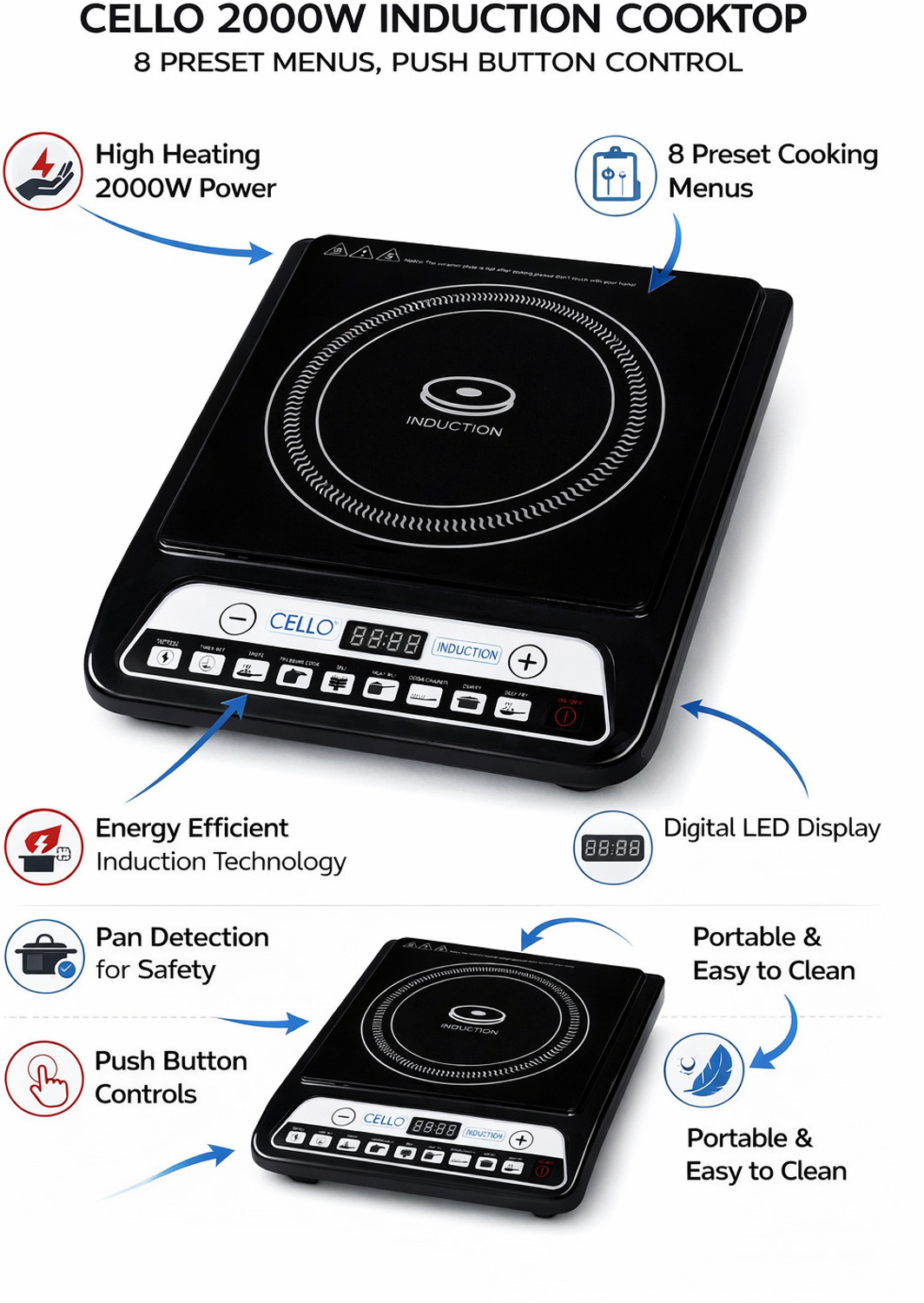 Image of CELLO 2000 W Induction Cooktop Push Button